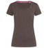 A dark olive green women's T-shirt with a crew neck and short sleeves, featuring a contrasting neckline and a logo.