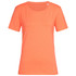 A women's crew neck t-shirt in bright orange with short sleeves and a round neckline. Features a small logo.