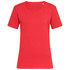 A red women's crew neck t-shirt with short sleeves and a fitted shape, featuring a small logo.