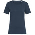 A women's crew neck t-shirt in dark blue, featuring short sleeves and a simple design with a logo.