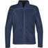 A navy fleece jacket with a zip front and two side pockets, featuring contrasting stitching and a logo.