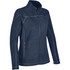 A navy-blue women's fleece jacket featuring a zip front and side pockets, with contrasting stitching details and a logo.