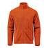 An orange polar fleece jacket with a high collar and zip front, featuring side pockets. It has a logo.