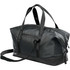 A black duffle bag with a sleek design, featuring both handles and a shoulder strap, plus a logo.