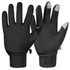 A pair of black fleece gloves featuring touchscreen fingertips and a logo on the wrist.