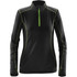 A women's black fleece pullover with a quarter zip and green accents, featuring long sleeves and a logo.