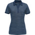 A navy and grey striped women's polo shirt with a collared neckline and branding on the side.
