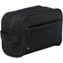 A black toiletry bag with a zippered main compartment and a front pocket, featuring a logo.