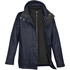 A navy women's parka featuring a removable black fleece liner and a hood, designed as a 3-in-1 rain jacket.