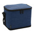 A blue cooler bag with a zippered top and a black trim, featuring a shoulder strap and a logo.