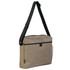 A tan satchel bag with a black strap and a mesh pocket on the side, featuring a logo.