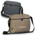 Two satchels in grey and brown, each with an adjustable strap and one featuring a logo.