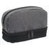 A grey and black toiletry bag with a rounded top and dual zip closures, featuring a logo.