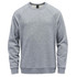 A grey fleece crew neck sweater with raglan sleeves and a logo on the front.