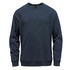 A navy blue men's fleece crew neck sweater with a ribbed neckline and cuffs. It features a logo on the front.