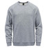 A grey crew neck sweater featuring long sleeves and a relaxed fit, with a logo on the label.