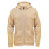 A tan Men's Monashee Fleece Full Zip Hoody featuring a hood and front pockets, with a branding logo.