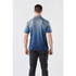 A men's polo shirt featuring a gradient design from light blue to navy, with a logo on the back.