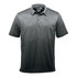 A dark grey polo shirt with a collar and short sleeves, featuring a logo on the hem.