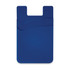 A blue dual silicone phone wallet with a gracefully curved design and a logo. Suitable for securing cards.