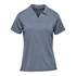 A short sleeve polo shirt in a blue-grey tone, featuring a collar and a logo on the chest.