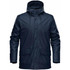 A navy insulated rain jacket with a hood, featuring front pockets and a sleek design, complete with branding.