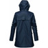 A navy women's insulated rain jacket with a hood, featuring a logo and long sleeves.