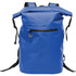 A blue waterproof backpack with adjustable straps and a front zip pocket, featuring a logo.