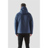 A men's navy thermal shell jacket with a hood, featuring a sleek design and a logo on the back.
