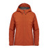 A women's jacket in burnt orange with a zip-up front and hood, featuring logo branding.