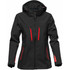 A women's softshell jacket in black with red accents, featuring a hood and two front zip pockets.