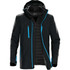 A black jacket with blue accents, featuring a zippered front, pockets, and a hood. It includes a logo.