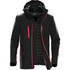 A black men's jacket with red accents and a hood, featuring zippered pockets and a logo.
