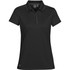 A women's black polo shirt featuring a collar, short sleeves, and a logo on the chest.