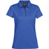 A blue women's sport polo shirt with a black trim and a logo on the side. Features a classic polo collar.