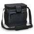 A cooler bag in black and dark grey, featuring a shoulder strap and a zippered front pocket. It has a logo.
