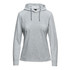 A light grey women's hoodie with a drawstring hood and long sleeves. It features a branding logo.