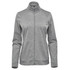 A grey women's performance jacket with a zip-up front, high collar, and side pockets. It features a branding logo.