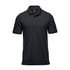 A black polo shirt with a collar and short sleeves, featuring a logo on the chest.