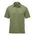 A green men's polo shirt with a collar, short sleeves, and a logo on the chest.