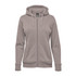 A women's full zip hoodie in a light beige colour, featuring a hood and front pockets. It has a logo on the chest.