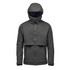 A men's technical rain jacket in dark grey, featuring a hood and a zip front, with a logo detail.