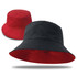 A reversible bucket hat in black and red, with a wide brim and a branding logo.