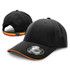 A black cap with a curved brim and a multicoloured band at the back, featuring a logo on the front.