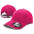 A pink cap featuring a curved brim and an adjustable strap, with a logo on the front.