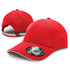 A red cap with a curved brim and an adjustable strap at the back, featuring a logo on the front.