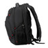 A black backpack with red accents, featuring multiple compartments and a logo. Suitable for various carrying needs.