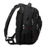 A black backpack with multiple zippers and pockets, featuring padded straps and a logo.