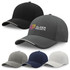 A collection of caps in black, grey, navy, and light grey, featuring a logo on the front of the grey cap.