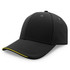 A black cap with a curved brim and yellow detailing, featuring a logo.
